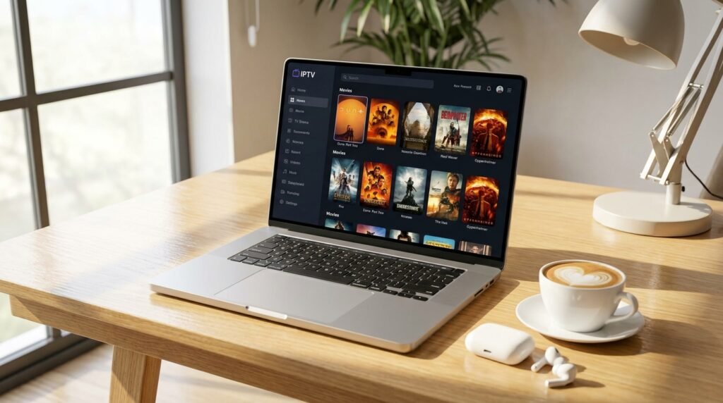 A MacBook Pro M3 on a desk running a native macOS IPTV application for high-resolution streaming on Apple Silicon.