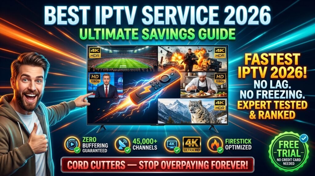 Best IPTV Service 2026 hero banner showing 4K TV, Firestick, 45000 channels and zero buffering guarantee