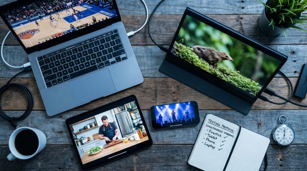 Multi-device IPTV testing setup used to rank best IPTV providers over 90 days
