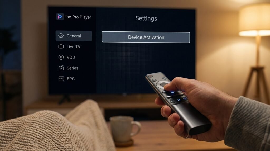 Navigating and activating the Ibo Pro Player interface on a 4K TV