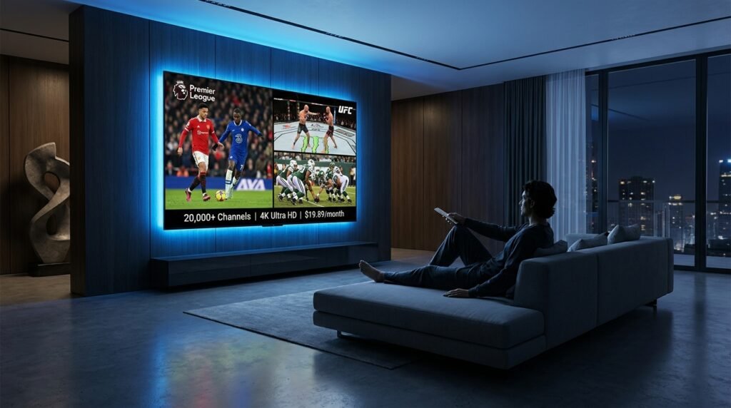 Best IPTV service provider 2026 — 4K streaming on large TV with live sports channels in modern living room
