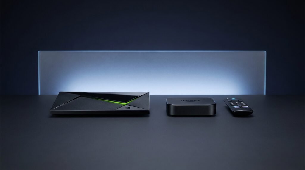 Premium hardware setup with Nvidia Shield and Firestick 4K Max to watch FIFA World Cup on IPTV smoothly.