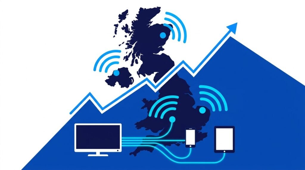 UK IPTV market growth 2026 — infographic showing broadband 
streaming replacing satellite TV across the United Kingdom