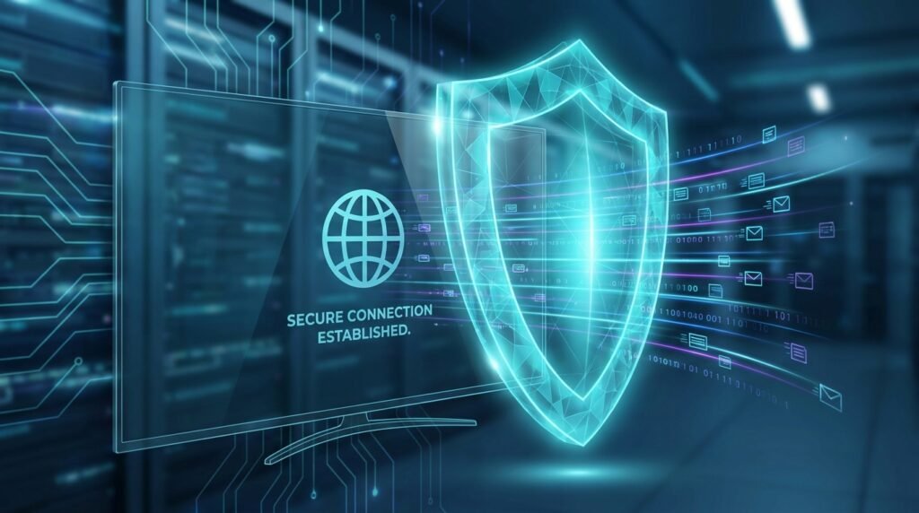 Secure VPN encryption with holographic shield to watch FIFA World Cup on IPTV without ISP throttling.