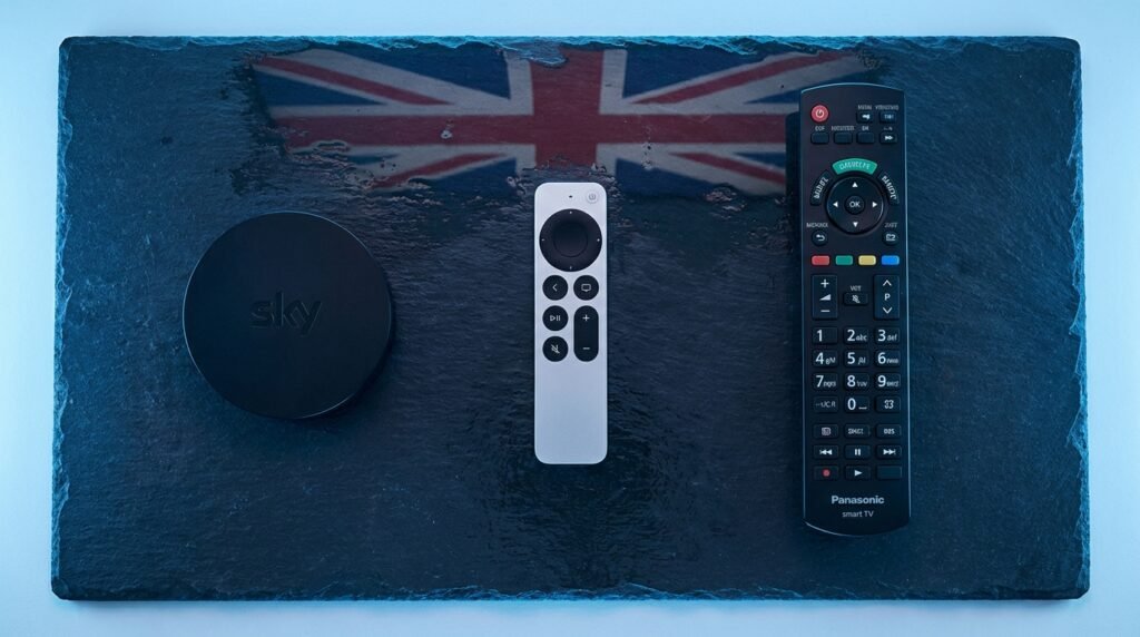 Top licensed UK IPTV service providers 2026 — Sky Stream, 
Apple TV 4K and smart TV remotes on a dark surface