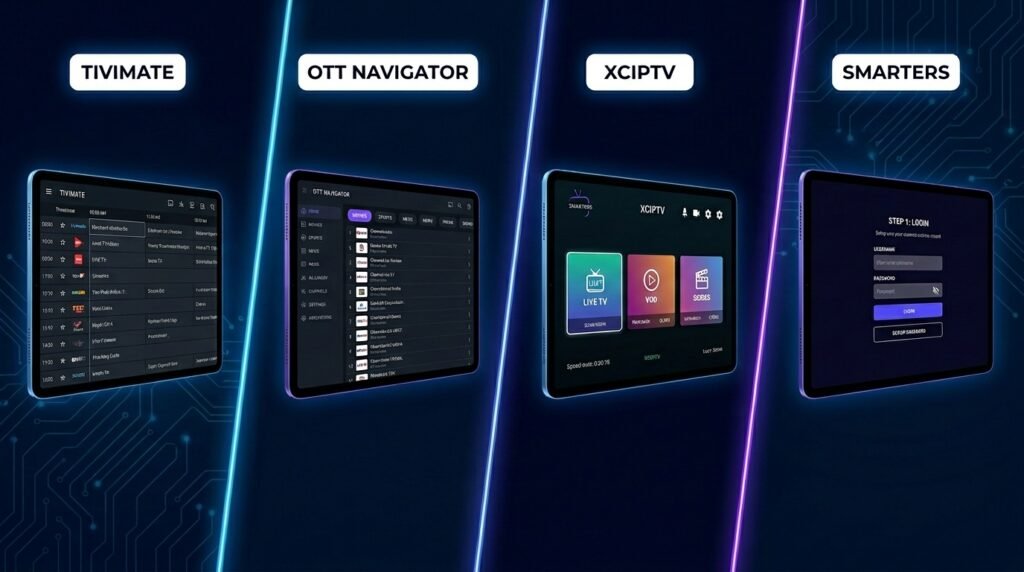 Sleek dark-mode user interface of a premium IPTV player app on a television screen with organized channel categories.