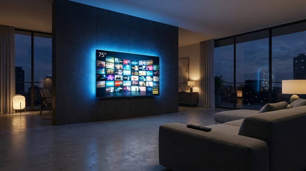 Smart One IPTV player interface on smart TV 2026 — generic channel grid VOD and 4K streaming display