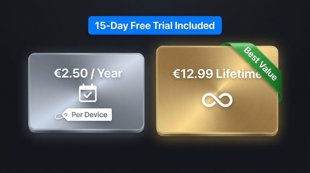 Smart One IPTV pricing 2026 — annual and lifetime license options with 15-day free trial banner