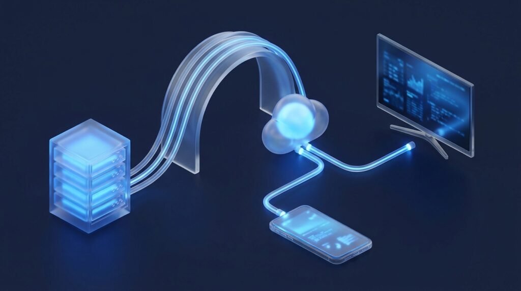 Technical diagram showing IPTV data flow from server to smart TV and smartphone over fiber network