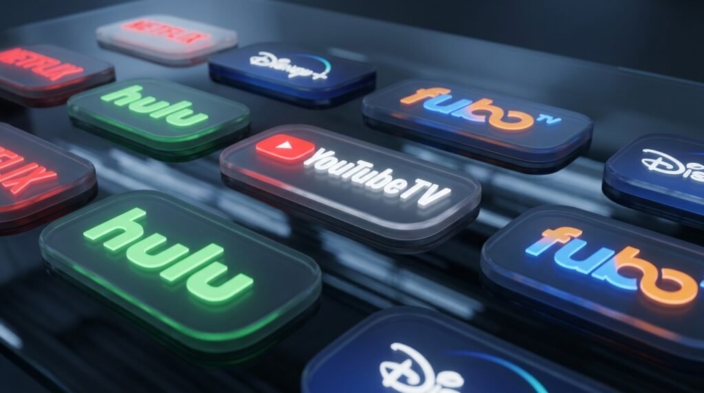 Icons of top-rated legal best IPTV providers in the USA including YouTube TV, Fubo, and Hulu.
