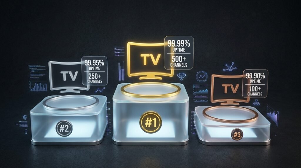 Top ranked best IPTV providers 2026 podium showing uptime scores and channel counts for top three services