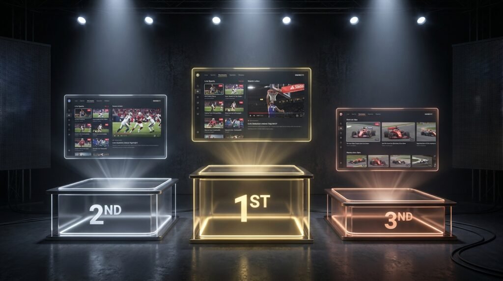 Top rated IPTV providers 2026 ranking - Smartiflix Trimixiptv and Tiviport on holographic podium