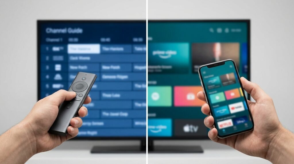 Two generic smartphones side by side showing abstract channel grid interfaces, comparing TiviMate and IPTV Smarters Pro players for IPTV USA.
