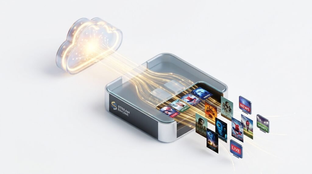 Conceptual 3D illustration of high-speed digital data flowing into a metallic set-top box for 4K video delivery.