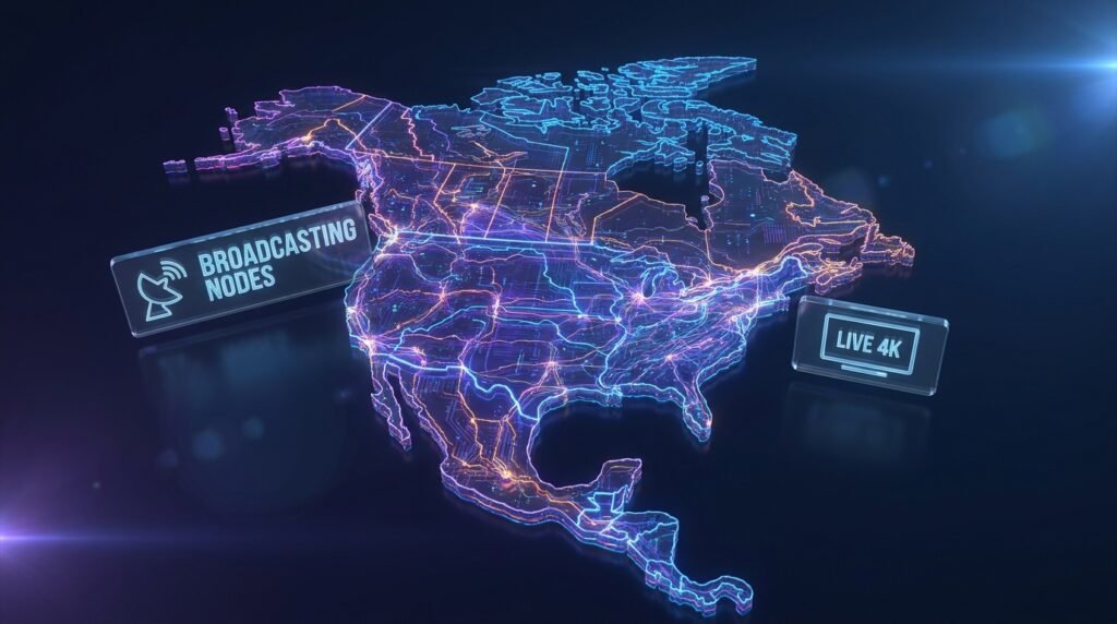 Digital map of North America showing live broadcasting nodes to watch FIFA World Cup on IPTV in 4K.