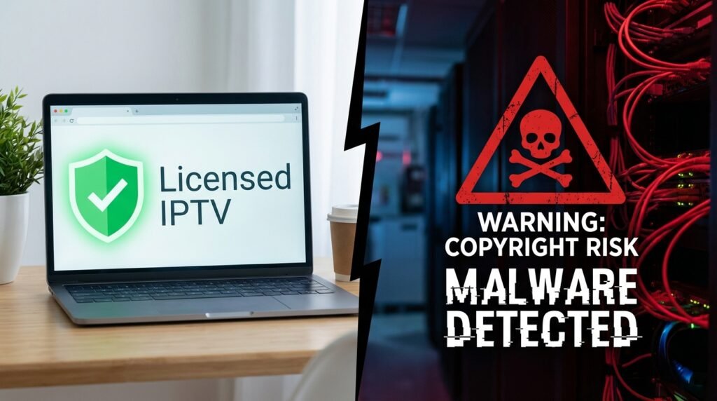Legal vs illegal IPTV service comparison shield and warning icons