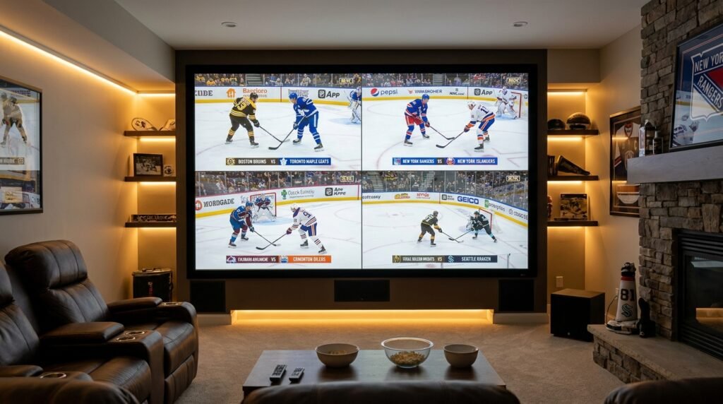 Using the multiview feature to watch 4 NHL games simultaneously on an IPTV Canadian player.