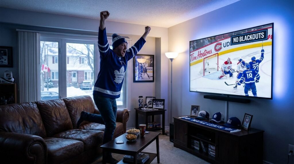 Watching live hockey with no blackouts using a premium IPTV Canadian service and high-speed internet.

