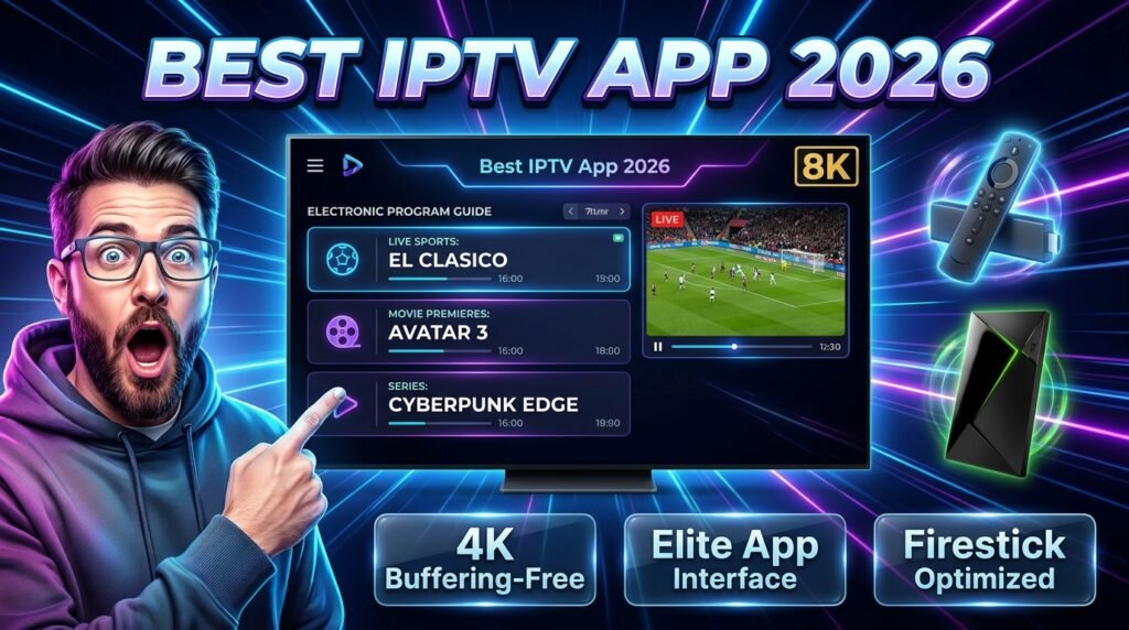 Professional marketing banner for the best IPTV App 2026, showing a high-end app interface on a 4K TV with a Firestick and a shocked user.