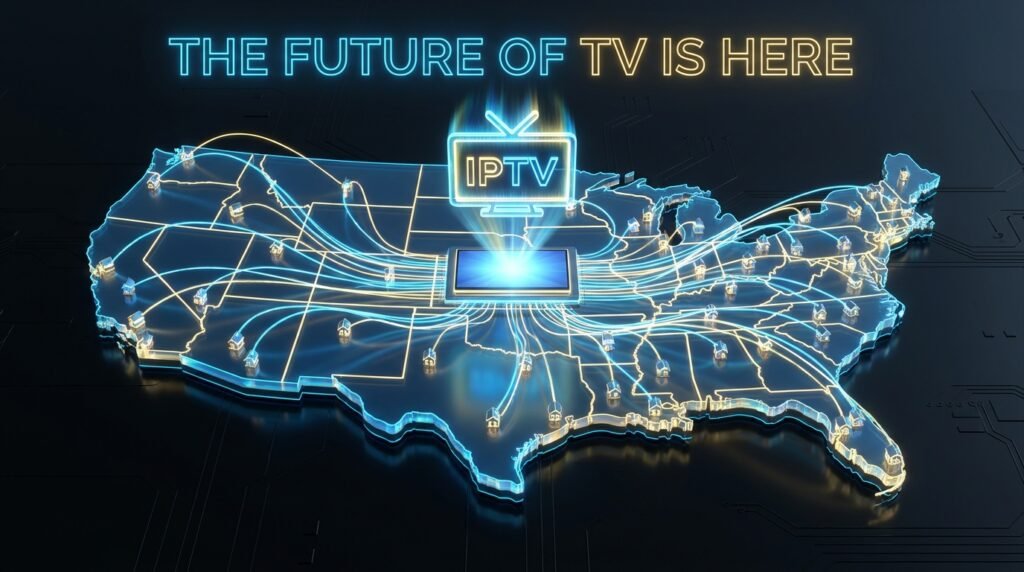 Conceptual map of the USA streaming landscape in 2026 showing the massive growth of IPTV subscriptions.