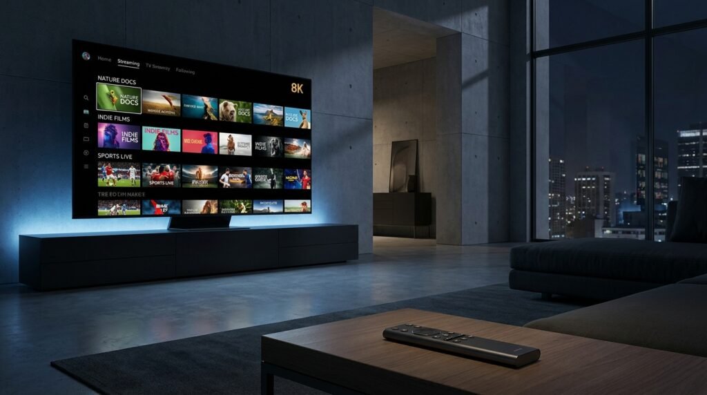 Best IPTV player setup in a modern living room with a 4K TV displaying a professional streaming interface