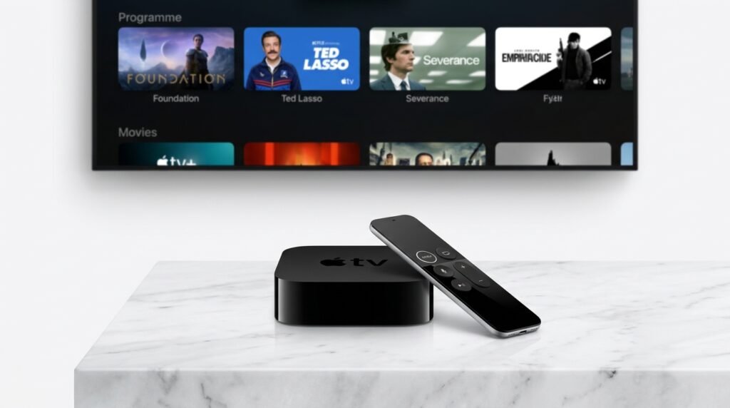 Best IPTV player for Apple TV showing a polished dark streaming interface on an OLED screen