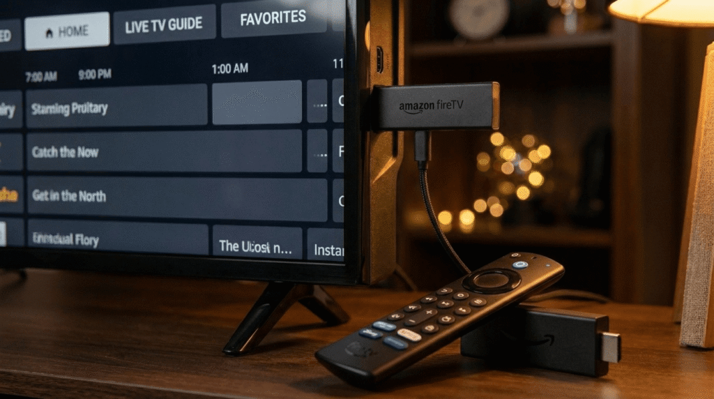 TiviMate IPTV Player interface on Amazon Firestick 4K connected to a flat-screen TV in 2026